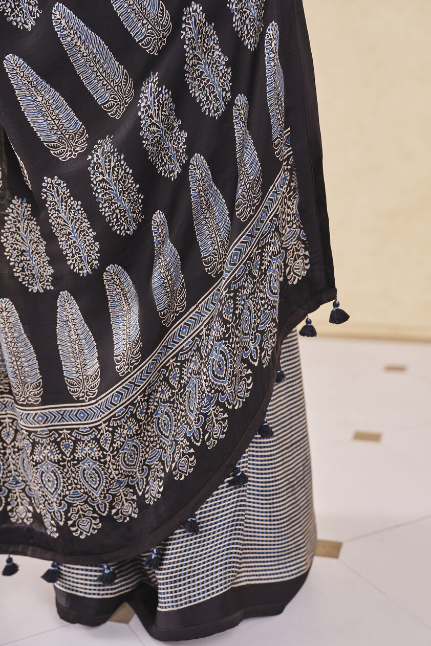 Korat Handcrafted Ajrakh Saree - Black, Black, image 8